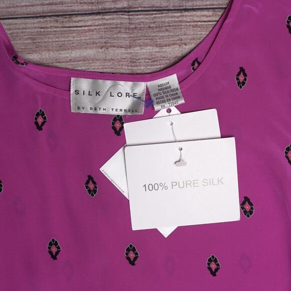 Silk Lore Magenta Shell Print Silk Camisole Scoop Neck Sleeveless MSPR $98 Sz M - Picture 7 of 12